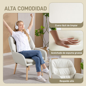 Sillón de Salón Moderno, Butaca de Salón, Acolchado de Doble Capa, Tapizado en Cuero Sintético, Patas de Madera, Sillón de Lectura para Dormitorio, Oficina, Estudio, 68x74x89 cm, Crema