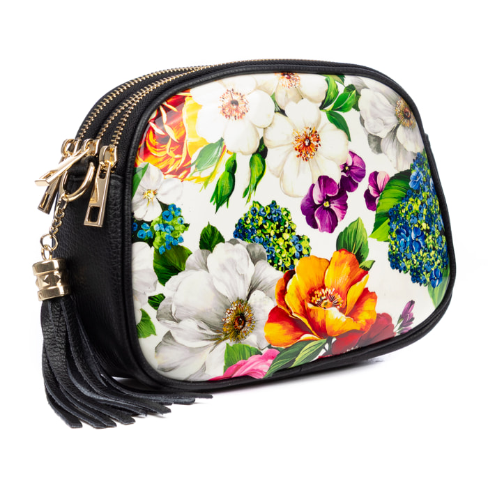 Aliminusa bolso bandolera mujer. Piel auténtica Dollaro, frontal sintético con diseño floral.