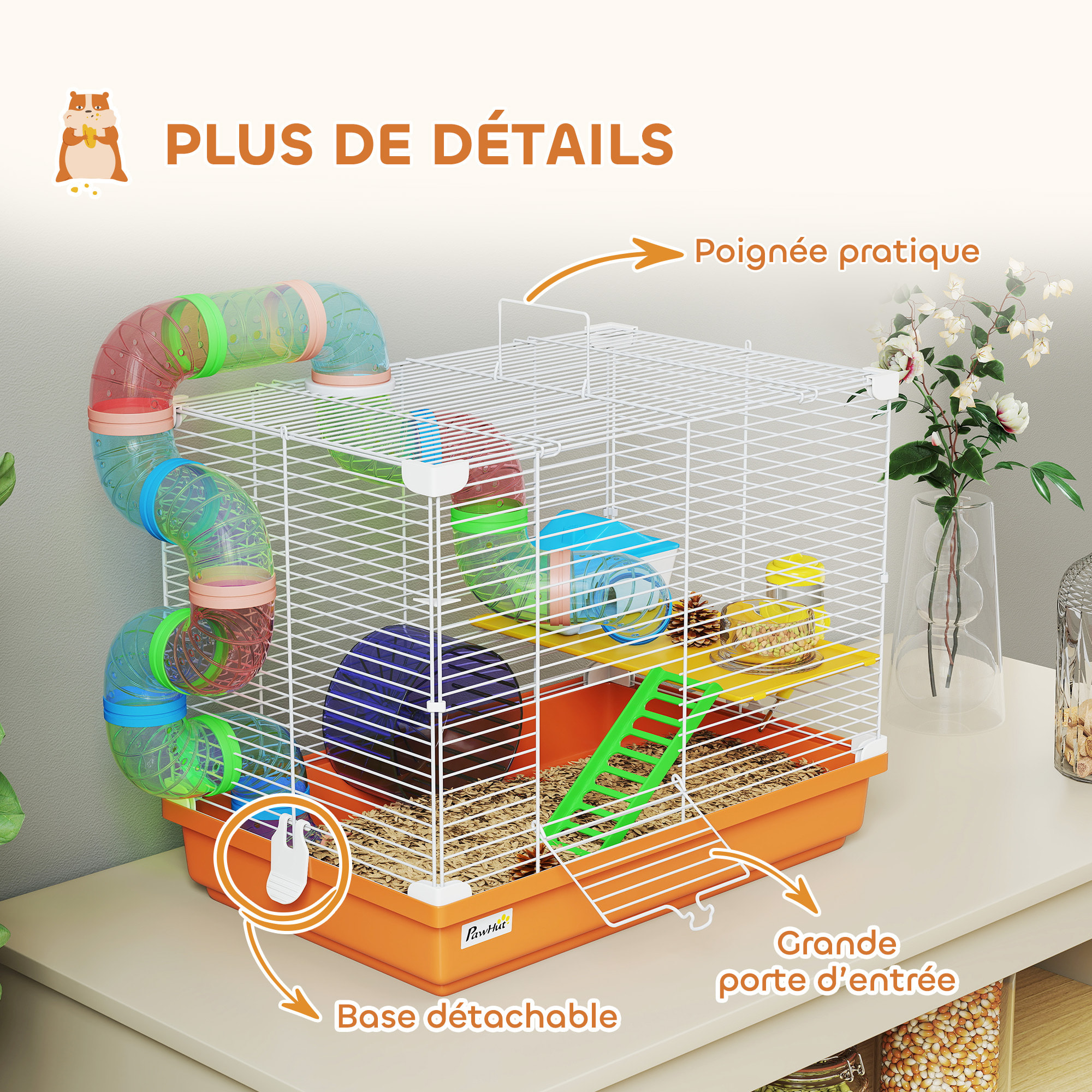 Cage à hamster 2 niveaux avec poignée - avec tunnel, biberon eau, roue, maisonnette, échelles - orange