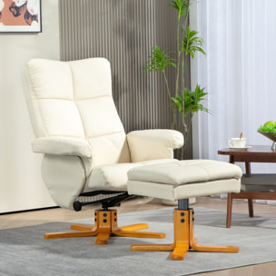 Fauteuil relax inclinable style contemporain repose-pieds coffre rangement revêtement synthétique acier bois crème