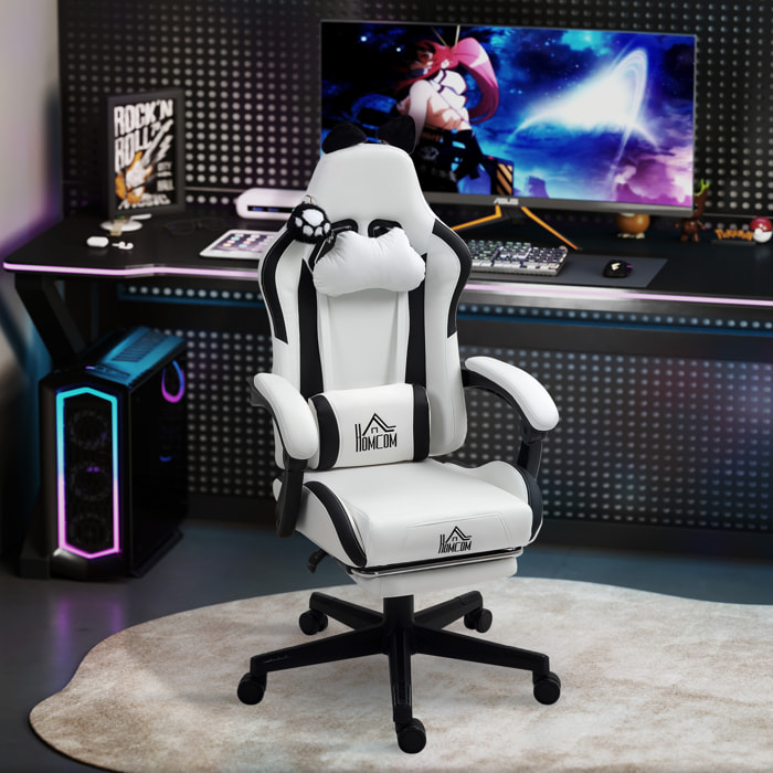 Chaise gaming design oreilles et patte de chat - inclinable, repose-pieds rétractable - blanc noir