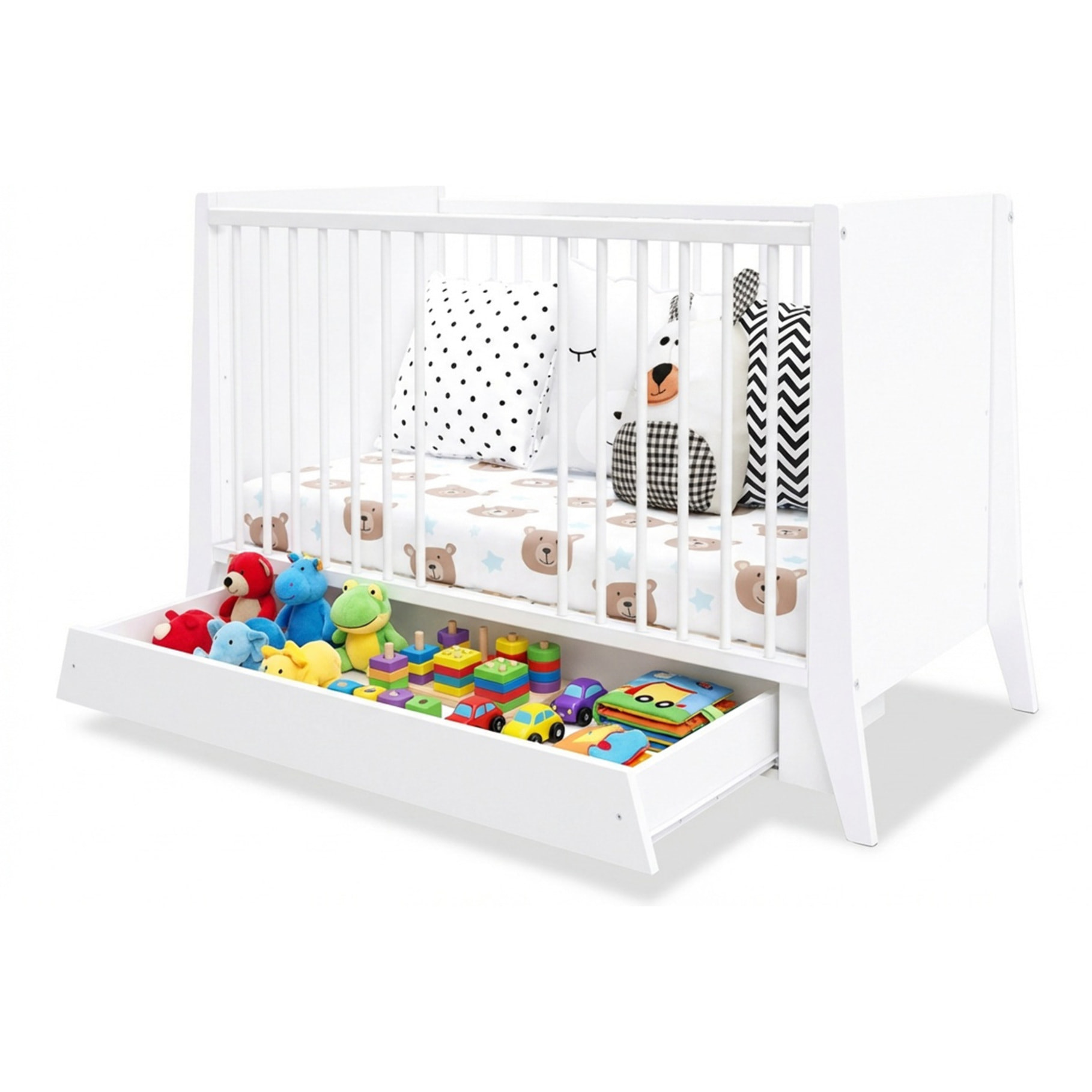 Lit Evolutif Timéo à barreaux 60 x 120 cm, Blanc, en Bois, 3 Hauteurs, Tiroir intégré, Barreaux amovibles