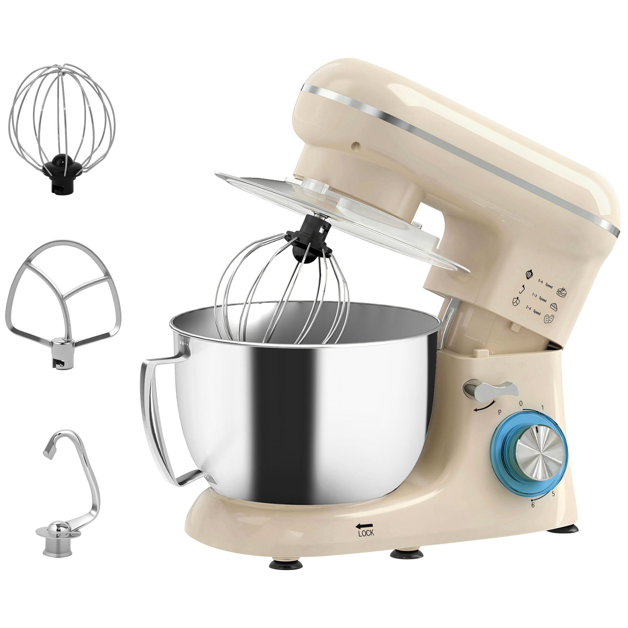 Batidora Amasadora 4,5L, Amasadora de Pan 1300W, Amasadora Repostería, 6 Velocidades, Bol de Acero Inoxidable, Batidor, Gancho, Varilla, Protector contra Salpicaduras, Beige