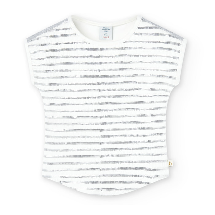 Camiseta elástica niña, estampado de rayas, blanco