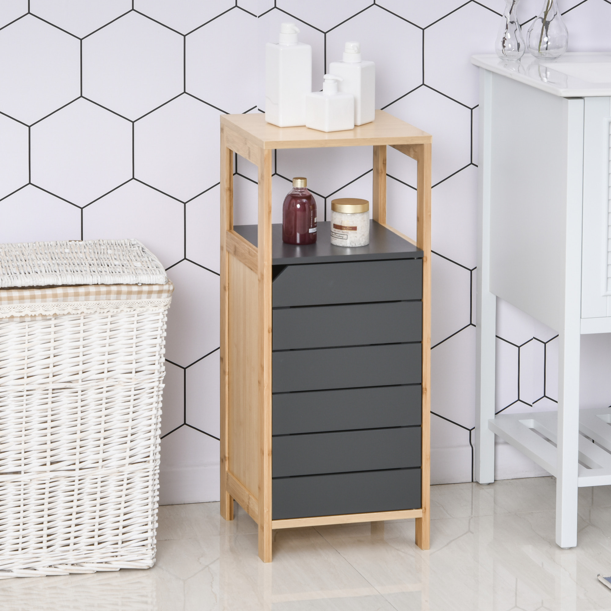 Meuble colonne rangement salle de bain style cosy dim. 32L x 30l x 80H cm porte étagères niche bambou gris