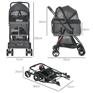 Poussette pour chien 3 en 1 - poussette buggy, panier de transport, panier voiture - acier noir Oxford gris