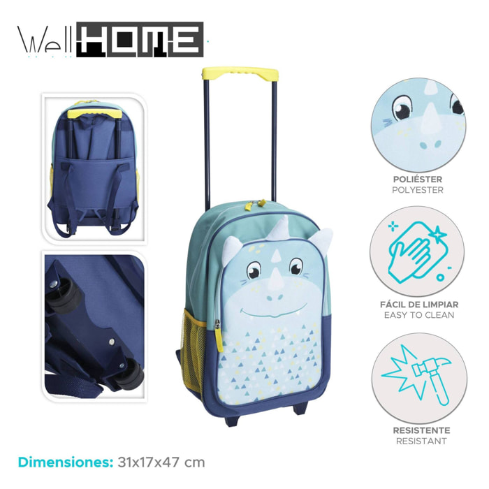 Well home mochila infantil con ruedines diseño dino en poliéster 31x17x47cm