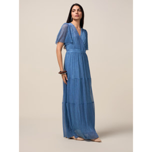 Oltre - Vestito lungo lurex plissé - Azzurro