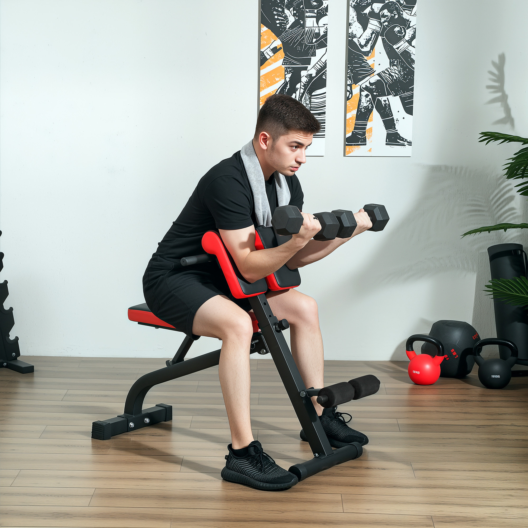 Banc de musculation 150L x 150l x 76H cm hauteur coussin abdominal réglable 7 niveaux dossier rembourré acier noir rouge