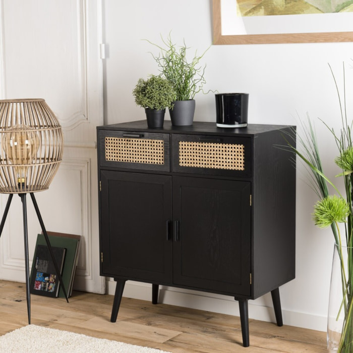 ANGELO - Buffet bois noir 2 tiroirs cannage 2 portes