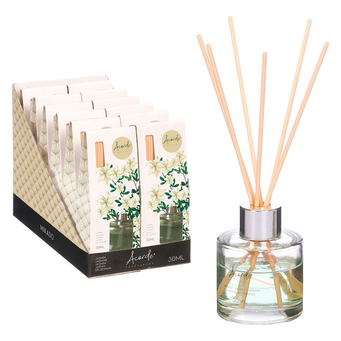 Pack 12 mikados con olor a jazmín. Frasco de 30ml y 6 varillas de fragancia.