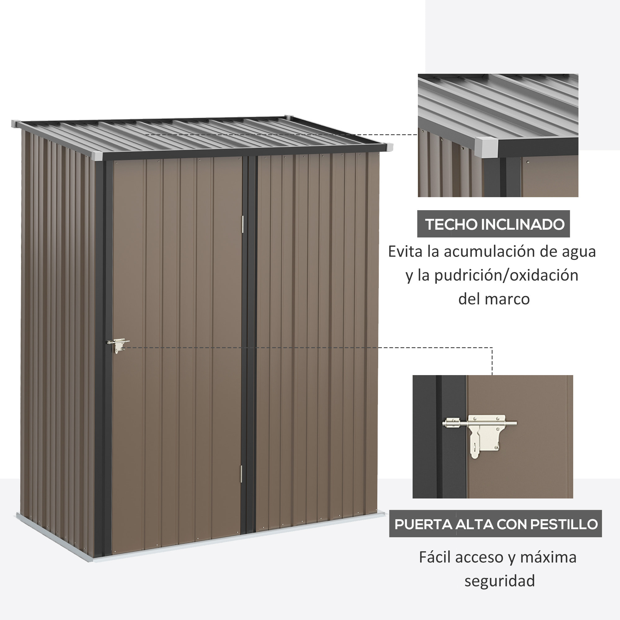 Caseta de Jardín 1,34 m² 161,5x94,5x196 cm Cobertizo Exterior de Acero Galvanizado con Puerta y Cerradura para Almacenamiento de Herramientas Marrón