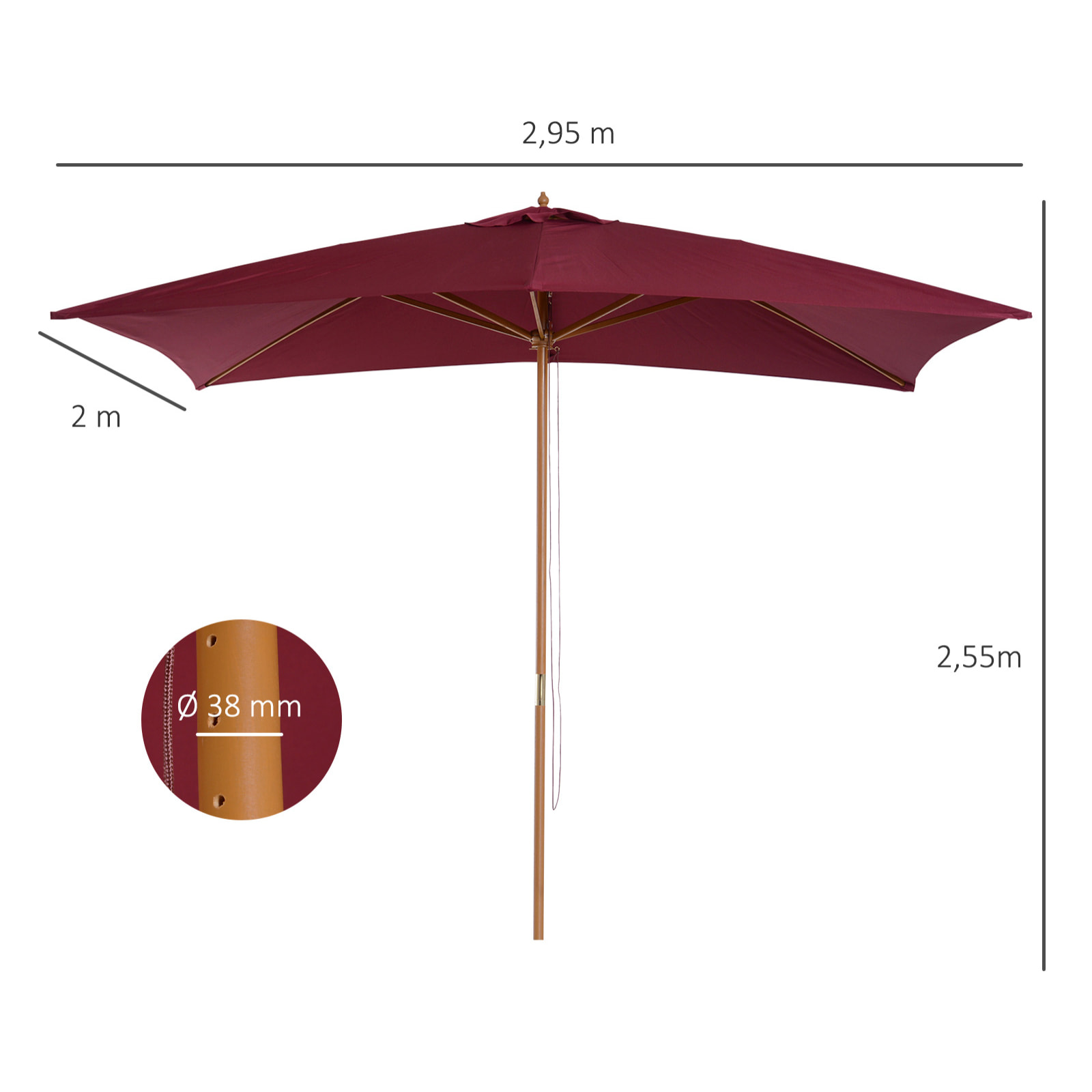 Parasol droit rectangulaire de jardin 2,95L x 2l x 2,55H m rouge bordeaux