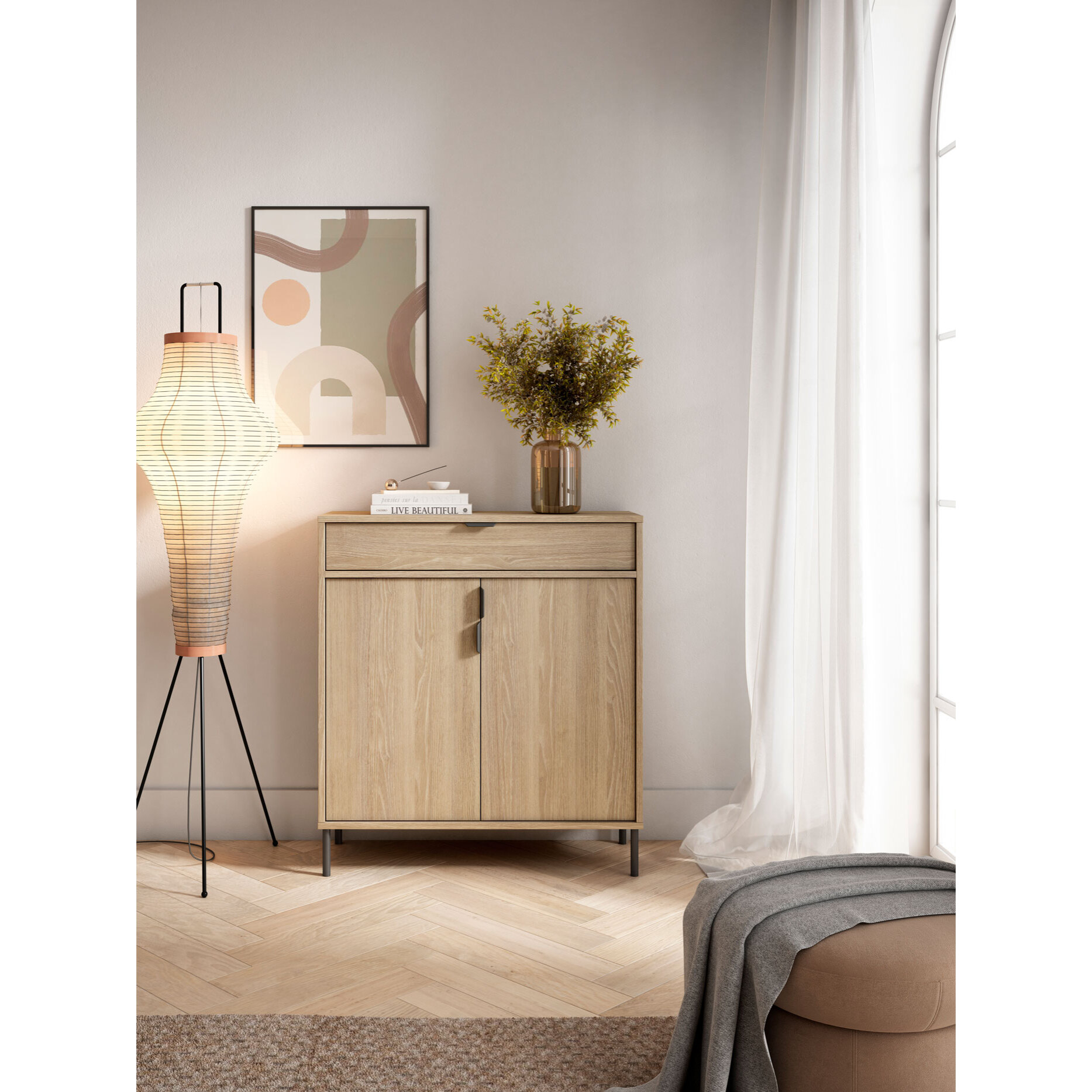 Zapatero Alice melamina roble dorado patas grafito 89x80x29 cm