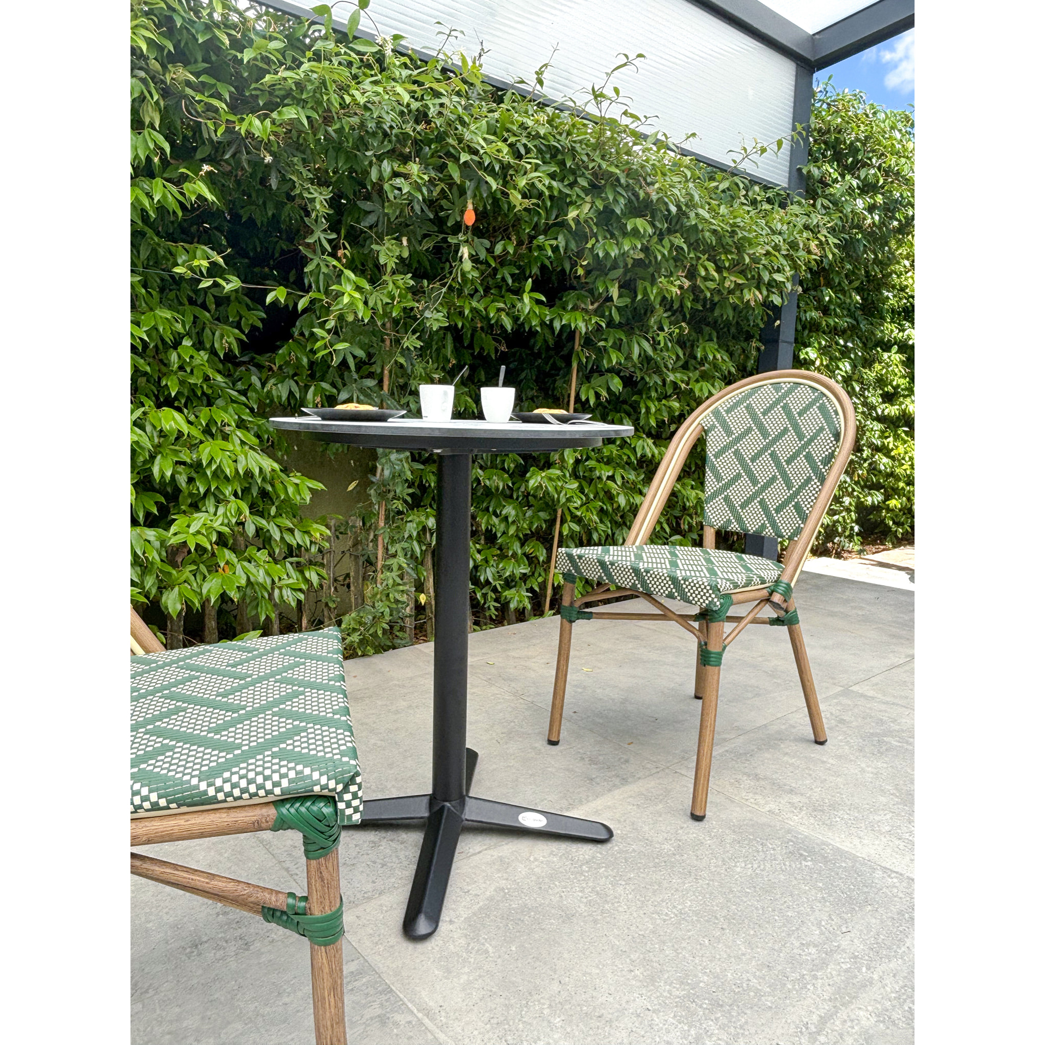BISTRO - Ensemble repas de jardin 2 places en acier et plateau en HPL