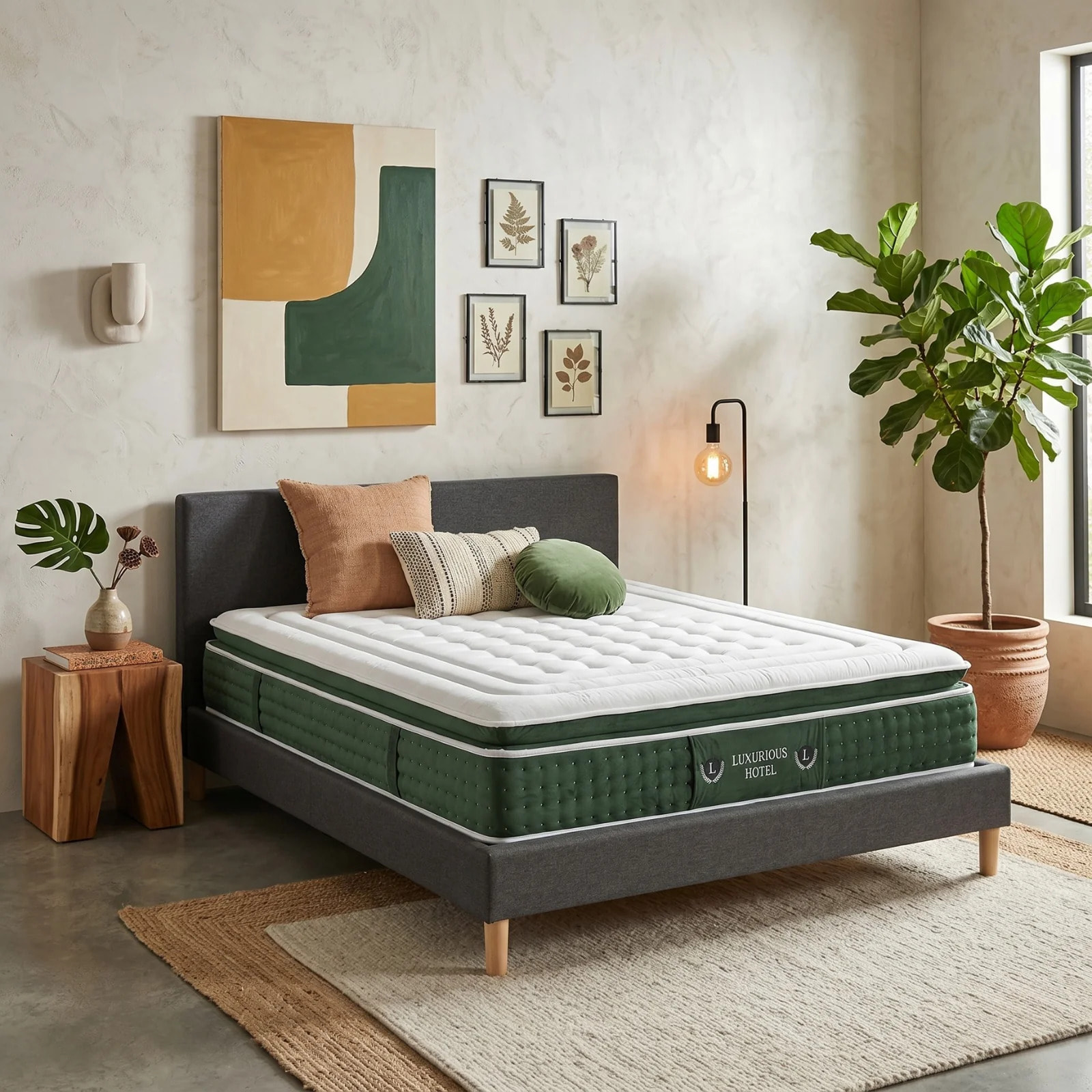 Ensemble matelas Jade & lit fixe Colisée | Mémoire de forme et ressorts ensachés | cadre à lattes | Tissu | Gris foncé