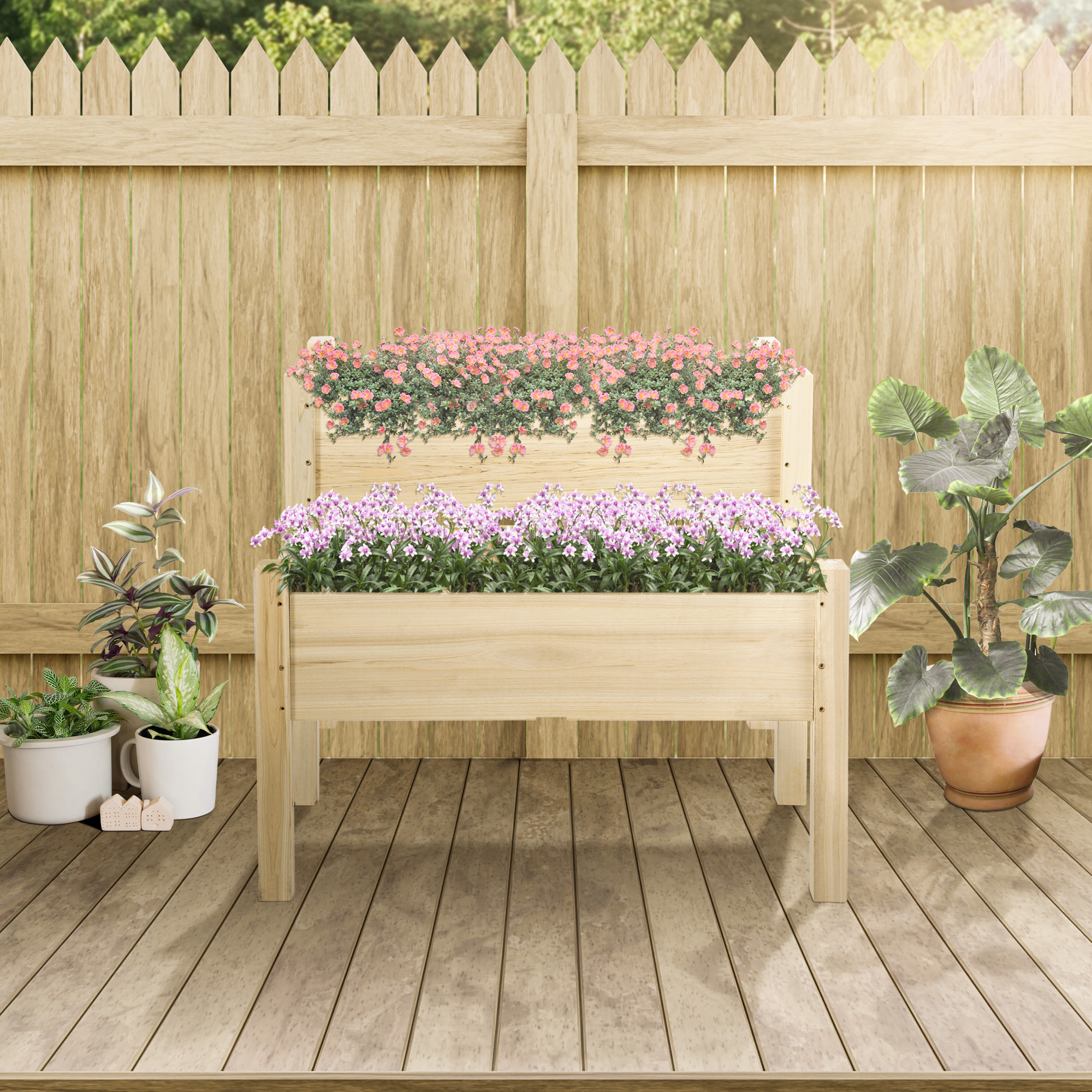 Mesa de Cultivo Huerto Urbano Elevado de Madera de 2 Niveles Mesa de Jardinera para Cultivo Plantas Flores Verduras 86x85x72 cm Madera Natural