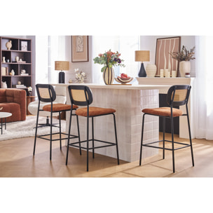 Tabourets design en tissu effet velours texturé beige, métal noir et cannage rotin (lot de 2) MIRANDA