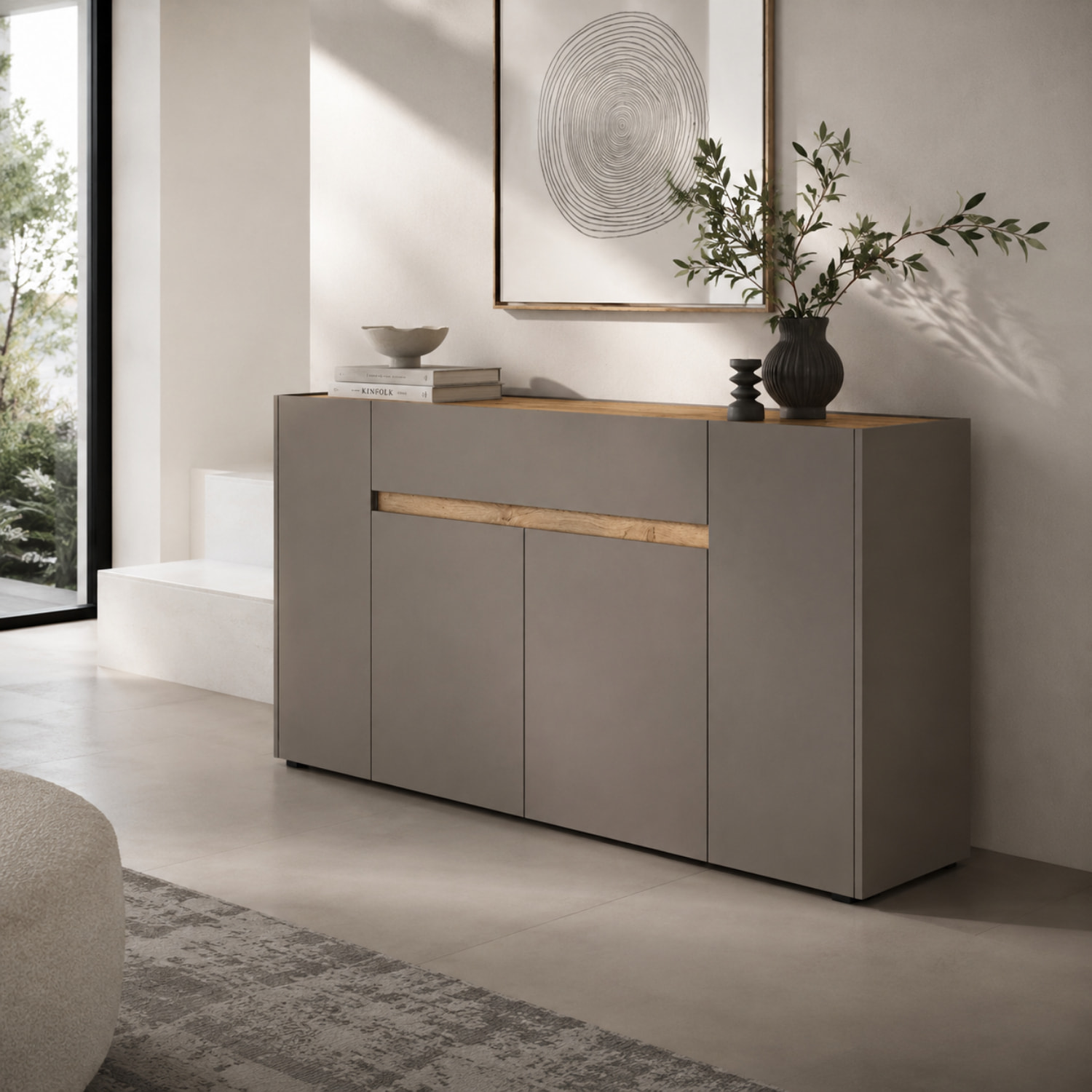 Credenza Moderna Madia In Melaminico Con 4 Ante E 1 Cassetto Mobile Contenitore Sala da Pranzo Soggiorno Design Senza Maniglie 170x85x40 cm Beige