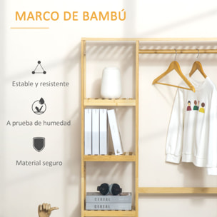 Perchero Burro de Bambú Perchero de Pie con Estantería de 4 Niveles con Barra Estante Inferior y Colgador Lateral para Ropa Bolsas Dormitorio 90x30x155 cm Natural