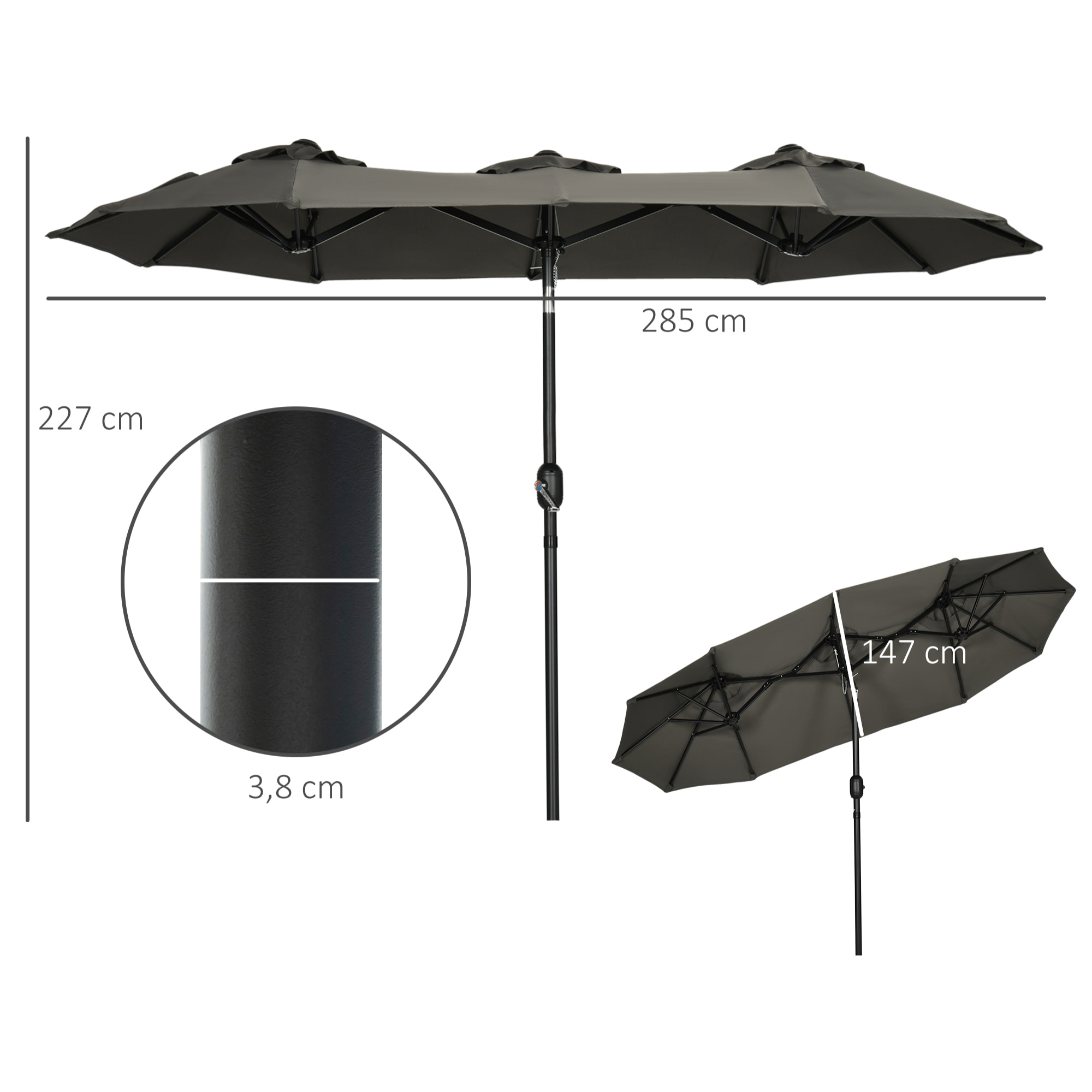 Sombrilla Doble 285x147x227 cm con Inclinación 45° Manivela para Terraza Gris