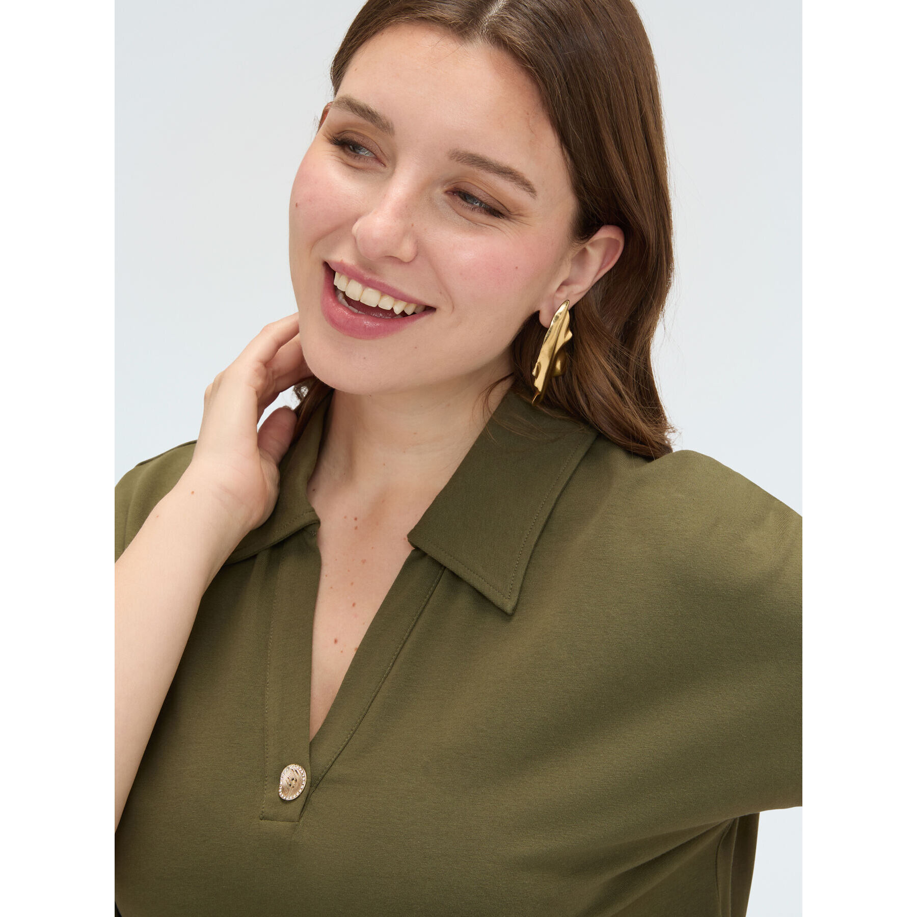 Fiorella Rubino - Vestido con cuello polo y botón joya - Verde militare