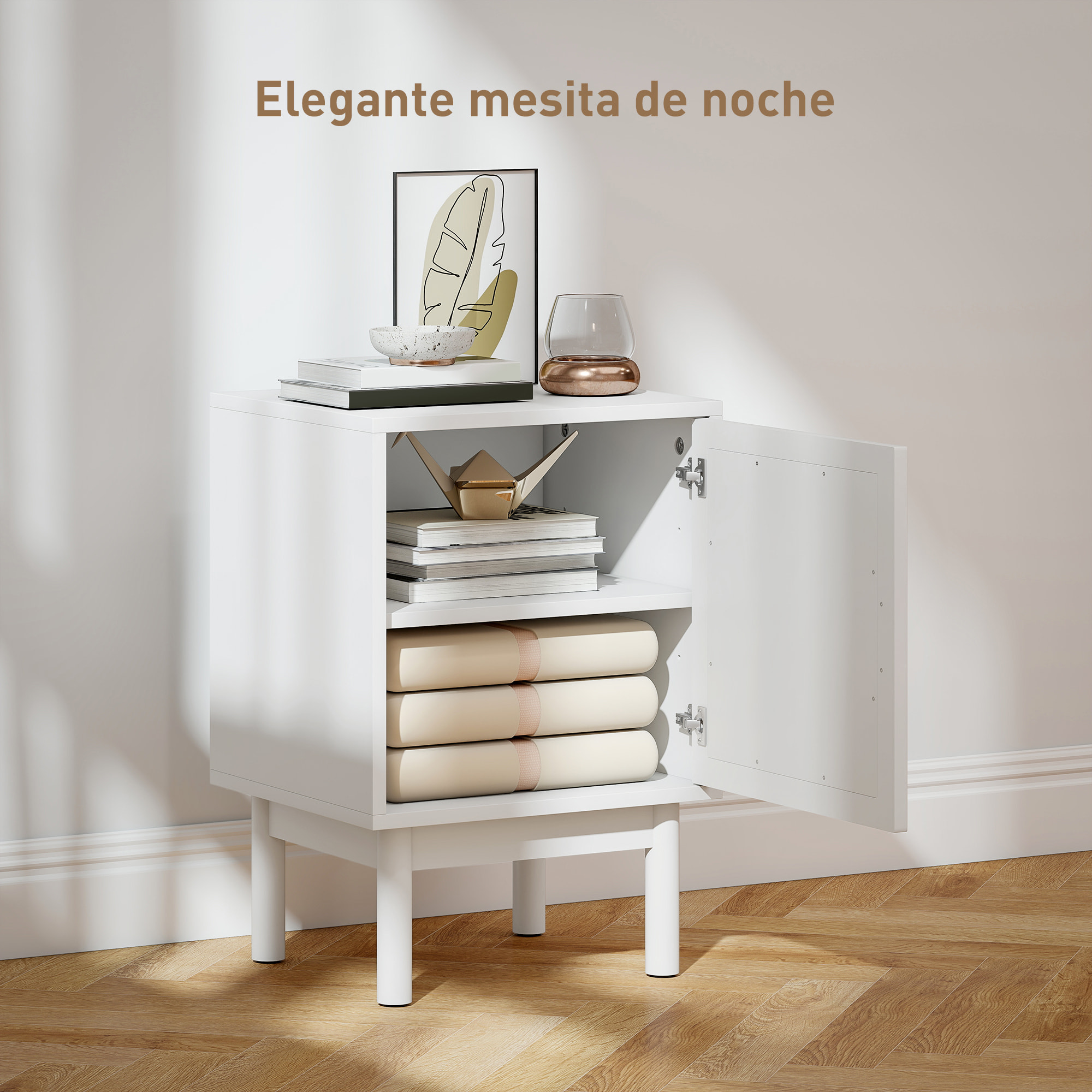 Mesita de Noche Moderna Mesilla de Noche Estrecha con 2 Compartimentos Abiertos Diseño en Forma de Arco Mesa Auxiliar para Salón Dormitorio 40x30x60 cm Crema