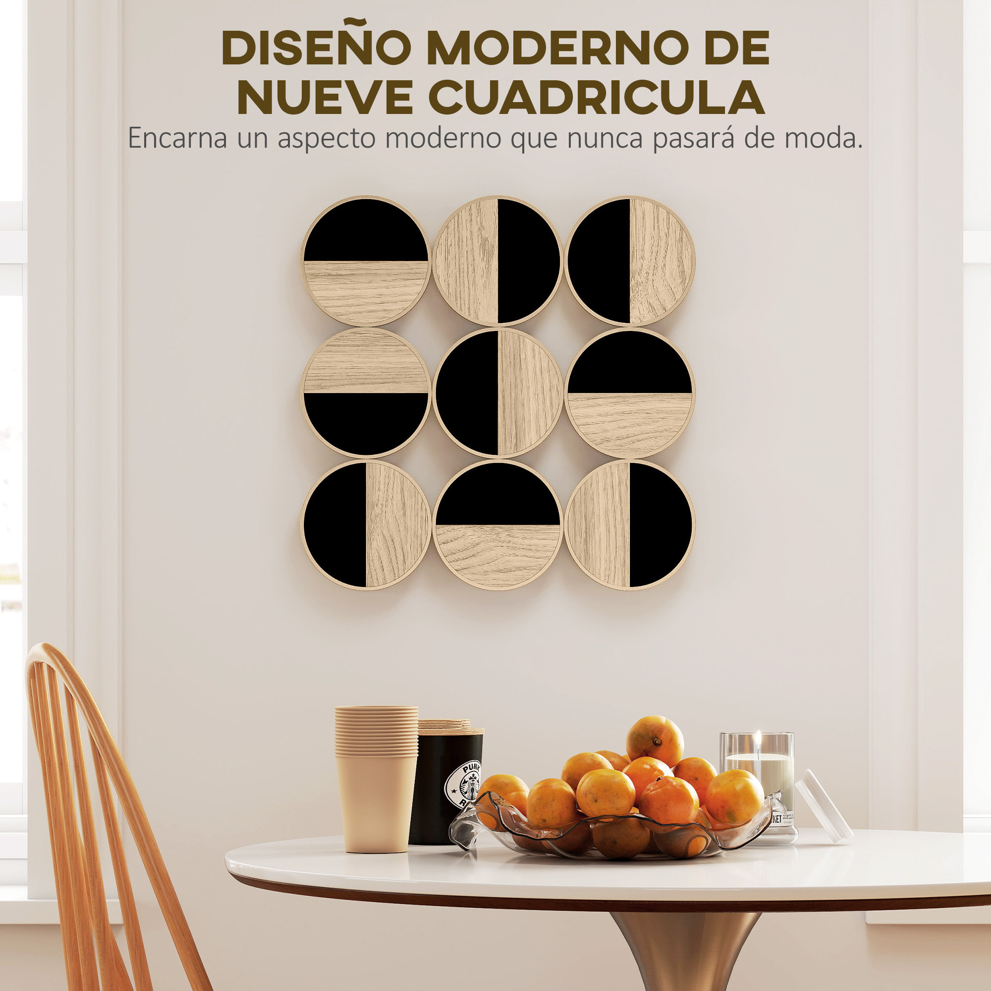Cuadro Decorativo de Pared Geométrico, Adorno Moderno 3D de 60x60 cm, Escultura de Pared con Espejo de Plástico, Marco Metálico, para Salón, Dormitorio, Pasillo, Negro y Madera Natural