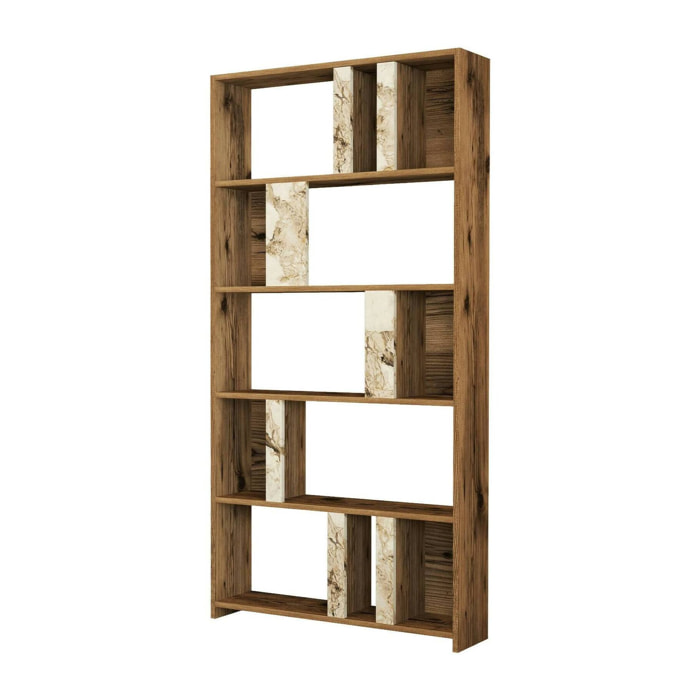 Libreria Scapolita, Scaffale da ufficio, Mobile portalibri, Biblioteca, 90x20h180 cm, Noce e Bianco Marmo