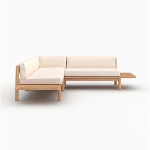 Canapé d'angle de jardin en teck massif et coussins blancs 4 places - Nadila