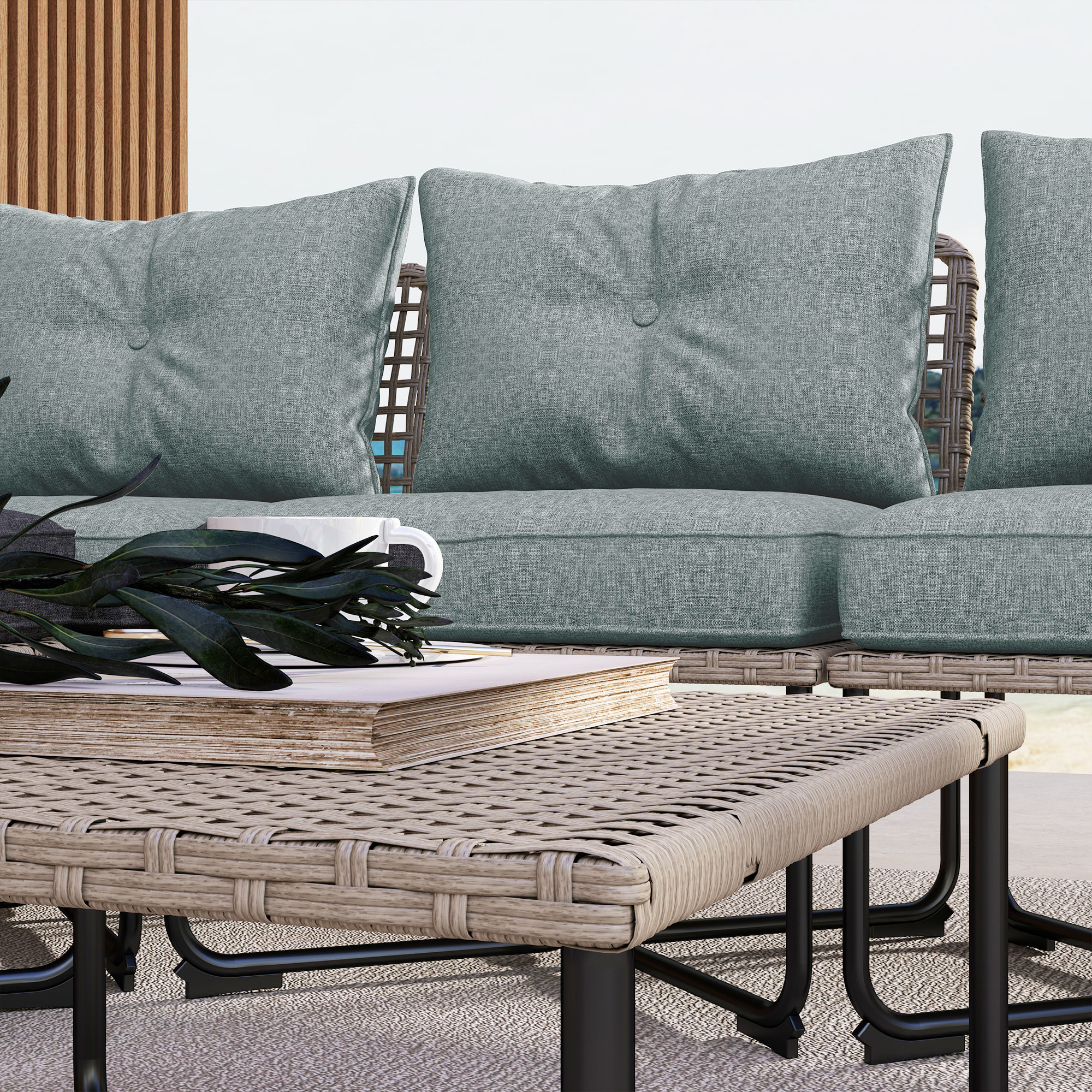 Conjunto de Jardín Exterior de Ratán Sintético de 5 Piezas Muebles de Jardín Exterior Incluye 2 Sofás Esquineras 1 Sofá de Exterior 1 Taburete 1 Mesa de Centro con Cojines Gris