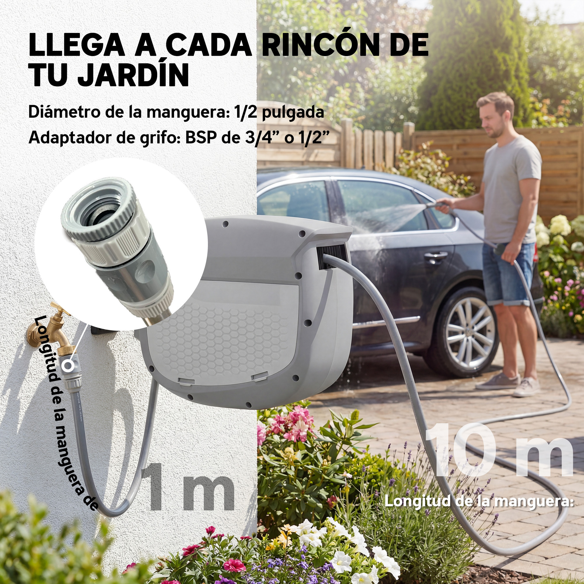 Enrollador de Manguera para Jardín 10+1 m con Boquilla de 2 Modos, Carrete de Manguera de Jardín de Pared con Bloqueo Automático y Retracción Controlada, Soporte Orientable 180°, Gris