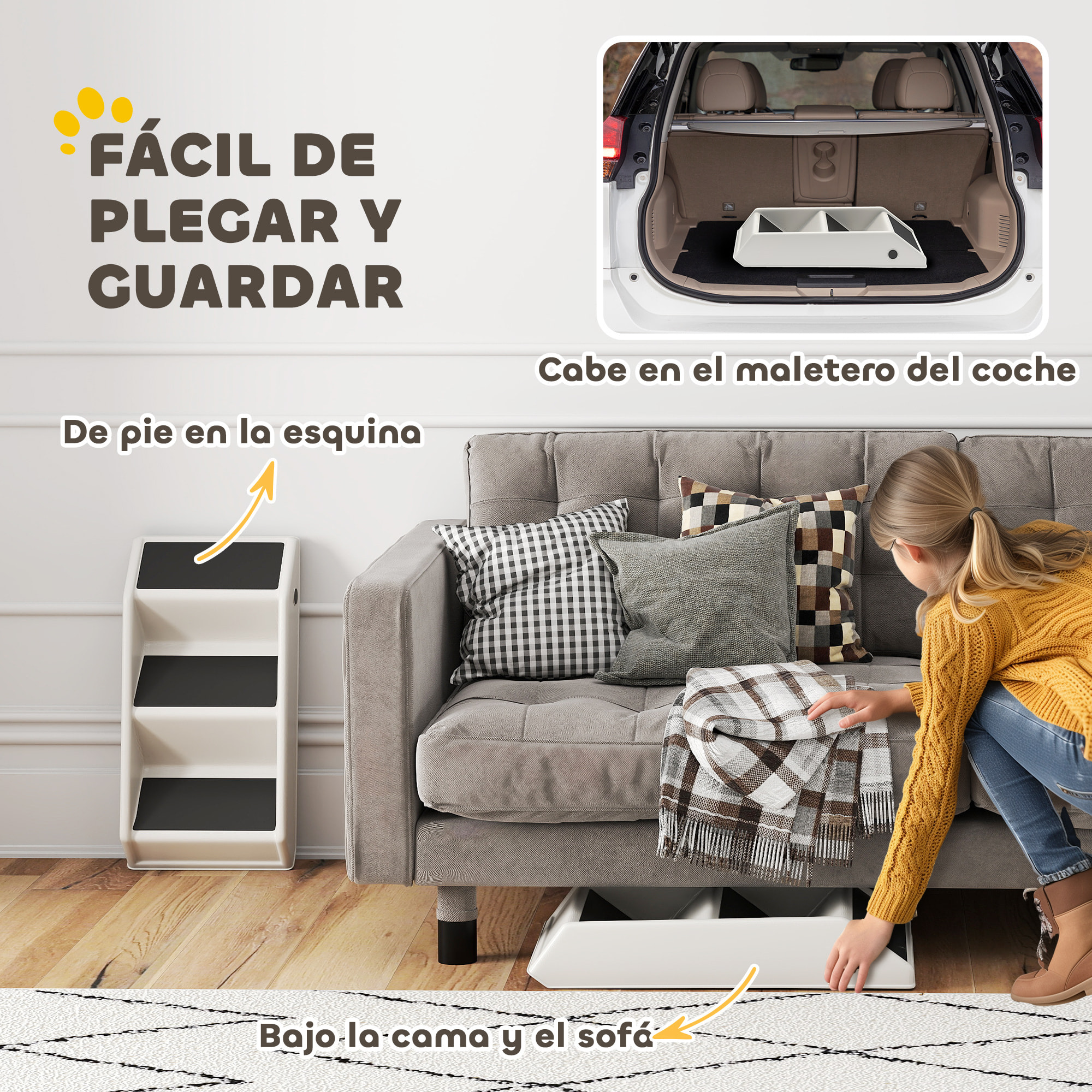 Escalera para Perros Plegable de 3 Peldaños, Portátil, Escalera para Mascotas Mayores, Perros Pequeños, Gatos, para Cama, Sofá, 53x30,5x36,5 cm, Blanco Crema