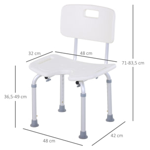 Chaise de douche siège de douche ergonomique hauteur assise réglable pieds antidérapants charge max. 136 Kg alu HDPE blanc