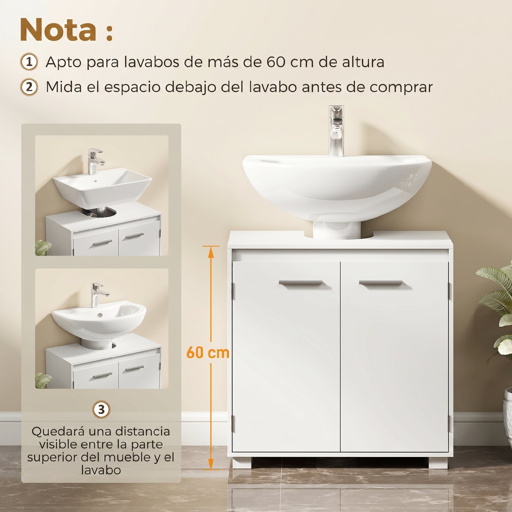 HOMCOM Mueble Bajo Lavabo, Mueble de Baño con Estante Ajustable, 2 Puertas y Recorte en U, Estilo Moderno, para Lavabo con o sin Pedestal, 60x30x60 cm, Blanco