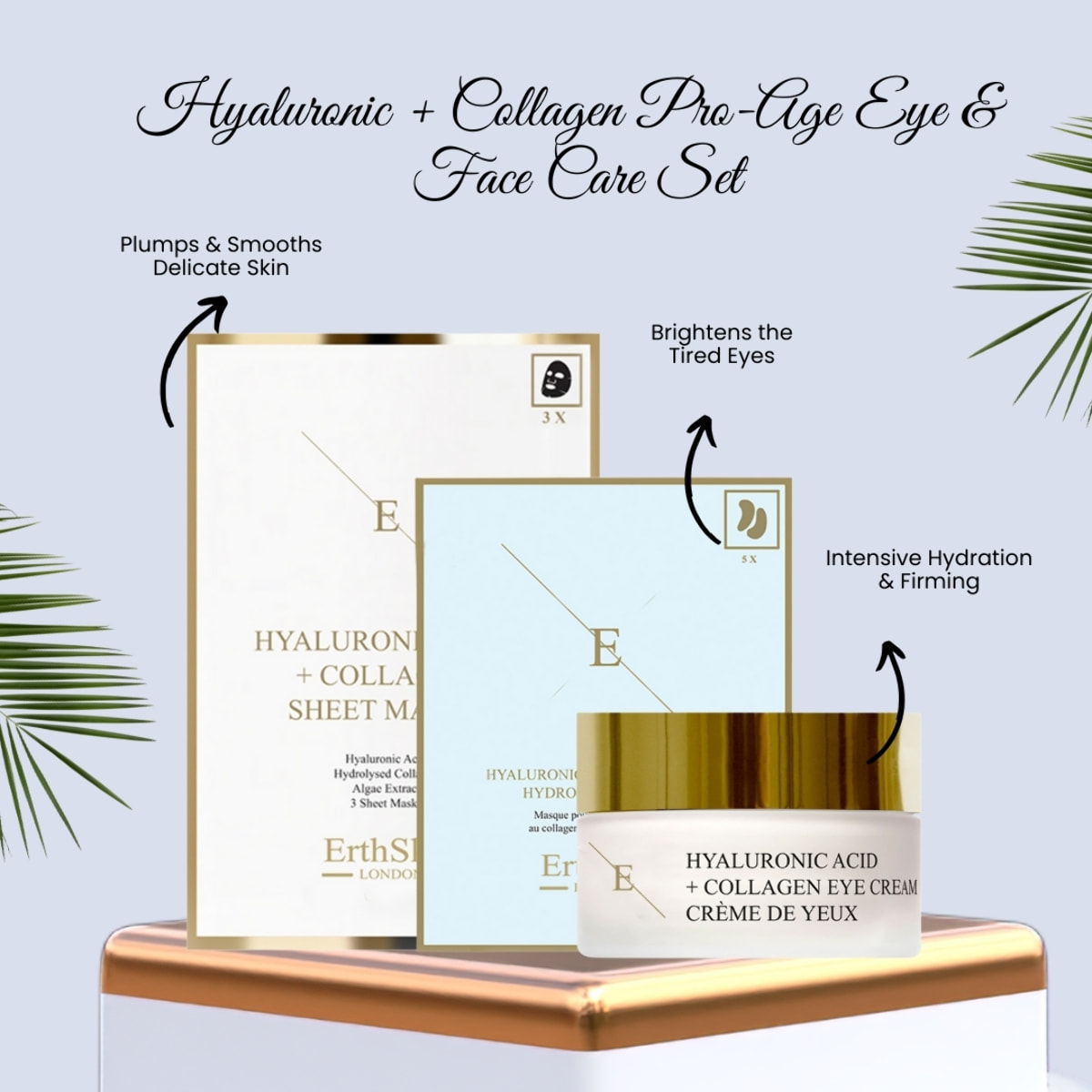 Mascarilla de ácido hialurónico y colágeno (3 láminas) + Crema para ojos Pro Age + Parches de hidrogel