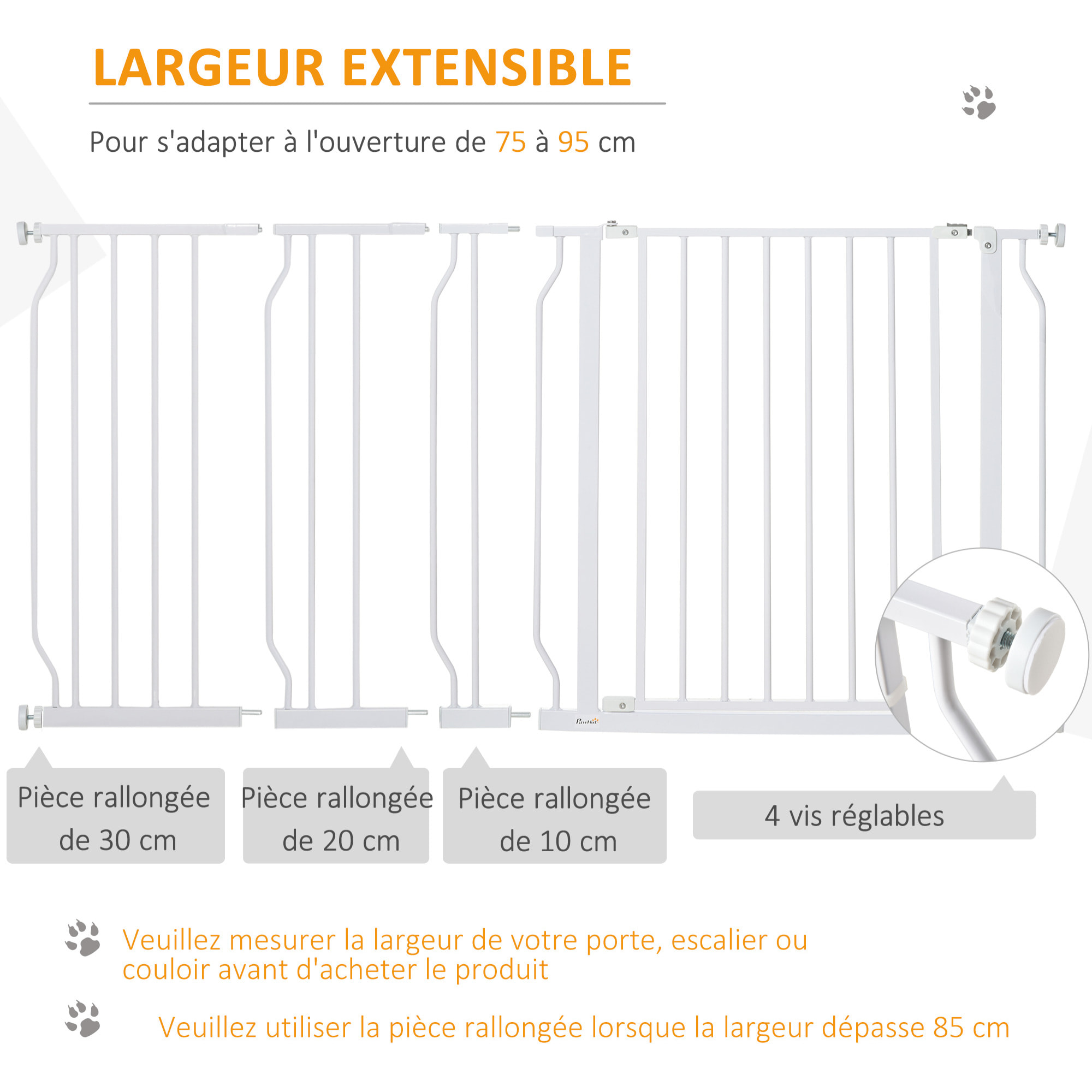 Barrière de sécurité animaux - longueur réglable dim. 75-145 cm - porte double verrouillage, ouverture double sens -sans perçage - acier ABS blanc