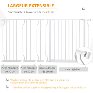 Barrière de sécurité animaux - longueur réglable dim. 75-145 cm - porte double verrouillage, ouverture double sens -sans perçage - acier ABS blanc