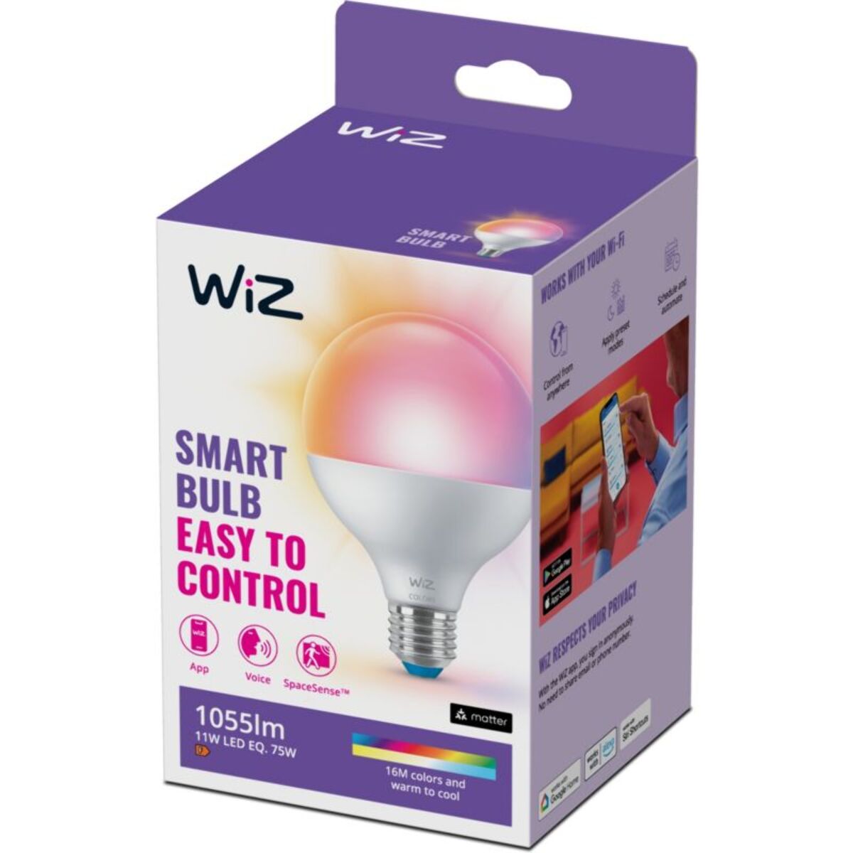 Ampoule LED connectée WIZ Couleur E27 G95 Globe 75W