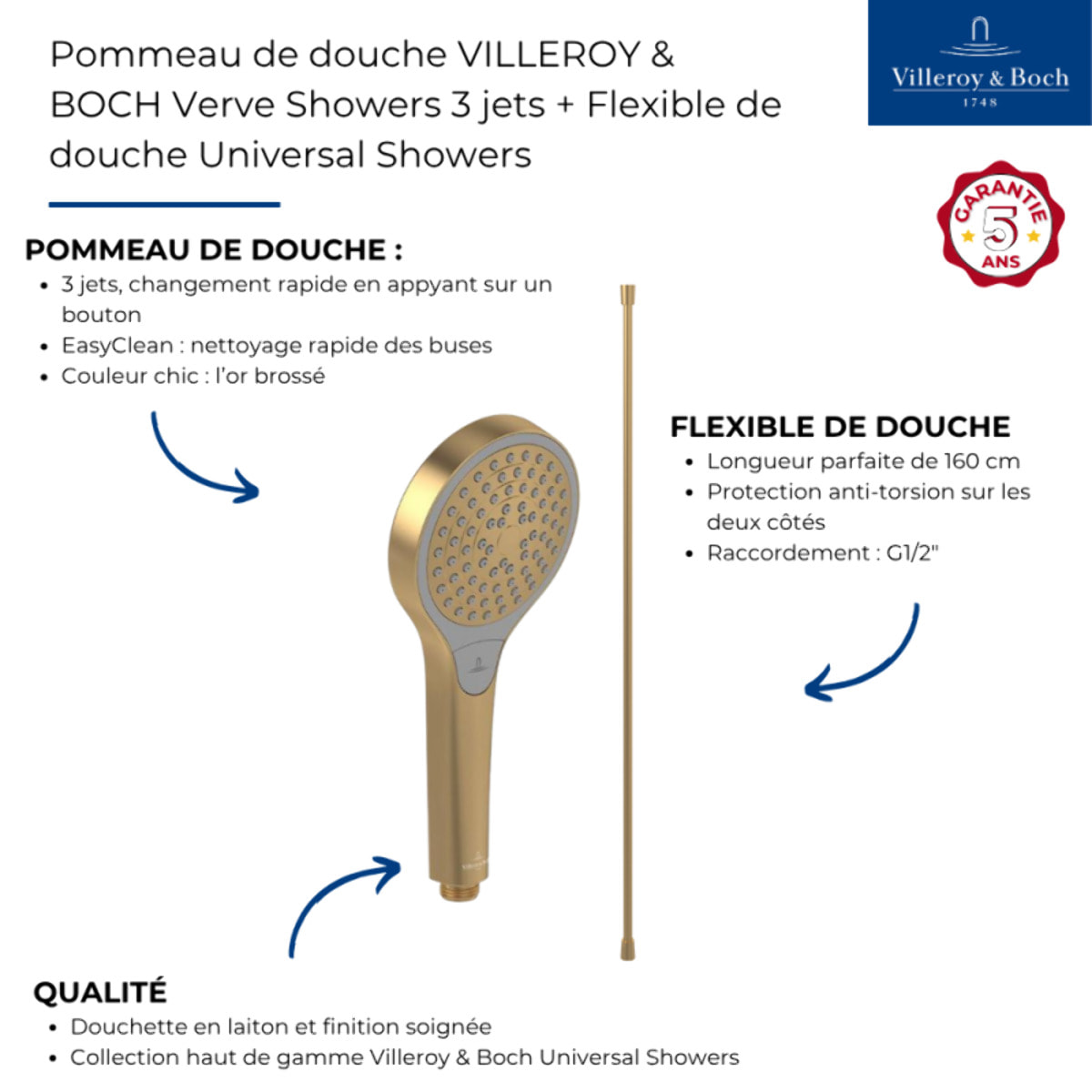 Pommeau de douche VILLEROY & BOCH Verve Showers 3 jets + Flexible de douche Universal Showers 160 cm Or brossé