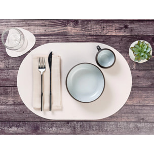 Set de table ovale réversible - 6 pièces - Cuir recyclé blanc crème et vert de gris