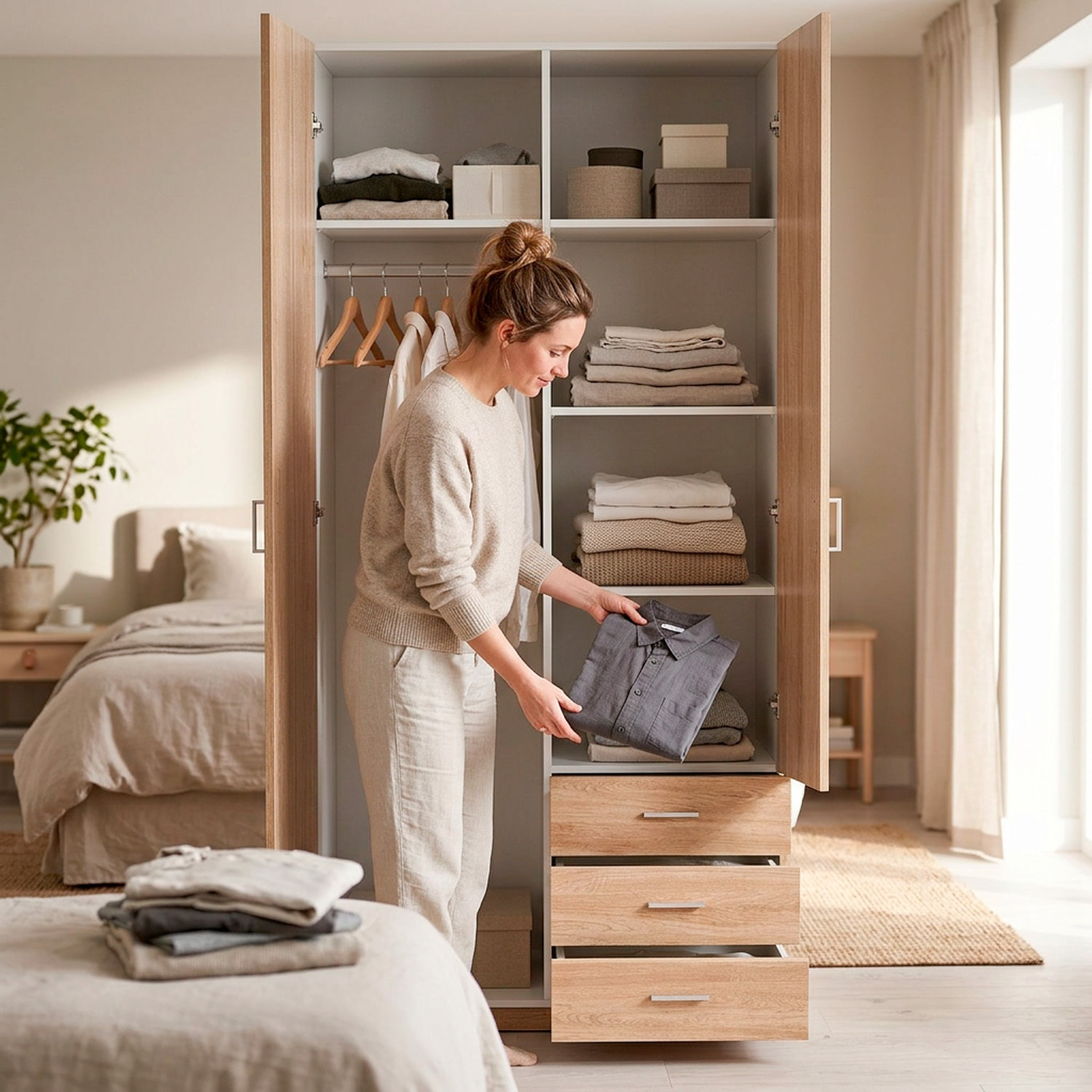 Armadio Mobile Multiuso 2 Ante 3 Cassetti Camera Da Letto Cameretta Appendiabiti E Ripiani Interni Moderno Salvaspazio 200.4 x 77.6 x 49.5 Cm Rovere