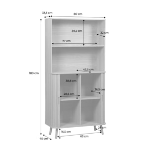 Etagère bibliothèque scandinave. 2 portes coulissantes. 4 niveaux. effet bois rainuré. L 80 x P 45 x H 180cm