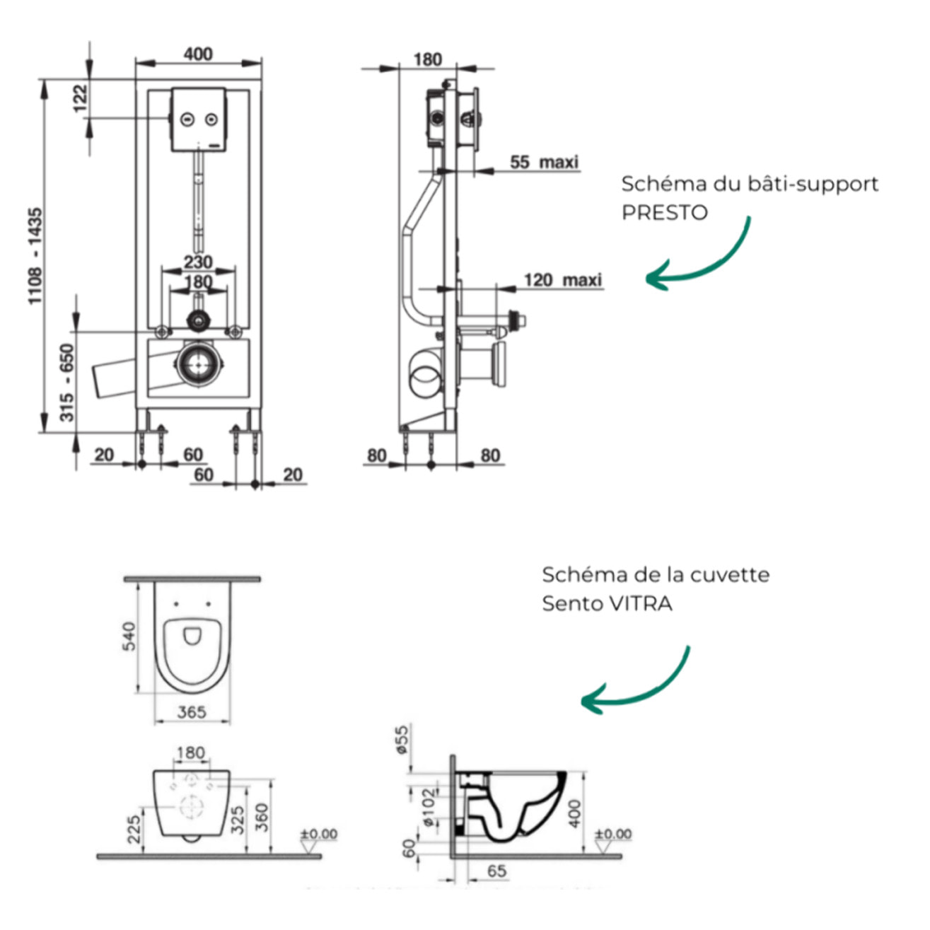 Pack WC suspendu sans bride Sento blanc mat + Abattant frein de chute + Bâti-support autoportant PRESTO + Plaque chromée