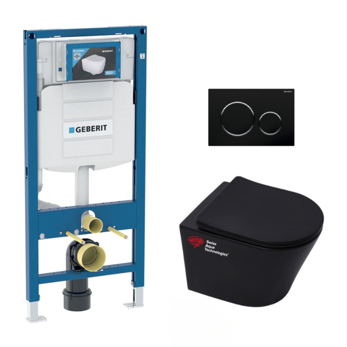 Pack WC Bati Geberit + WC suspendu Swiss Aqua Technologies sans bride + abattant SoftClose + plaque noire (GebBlack