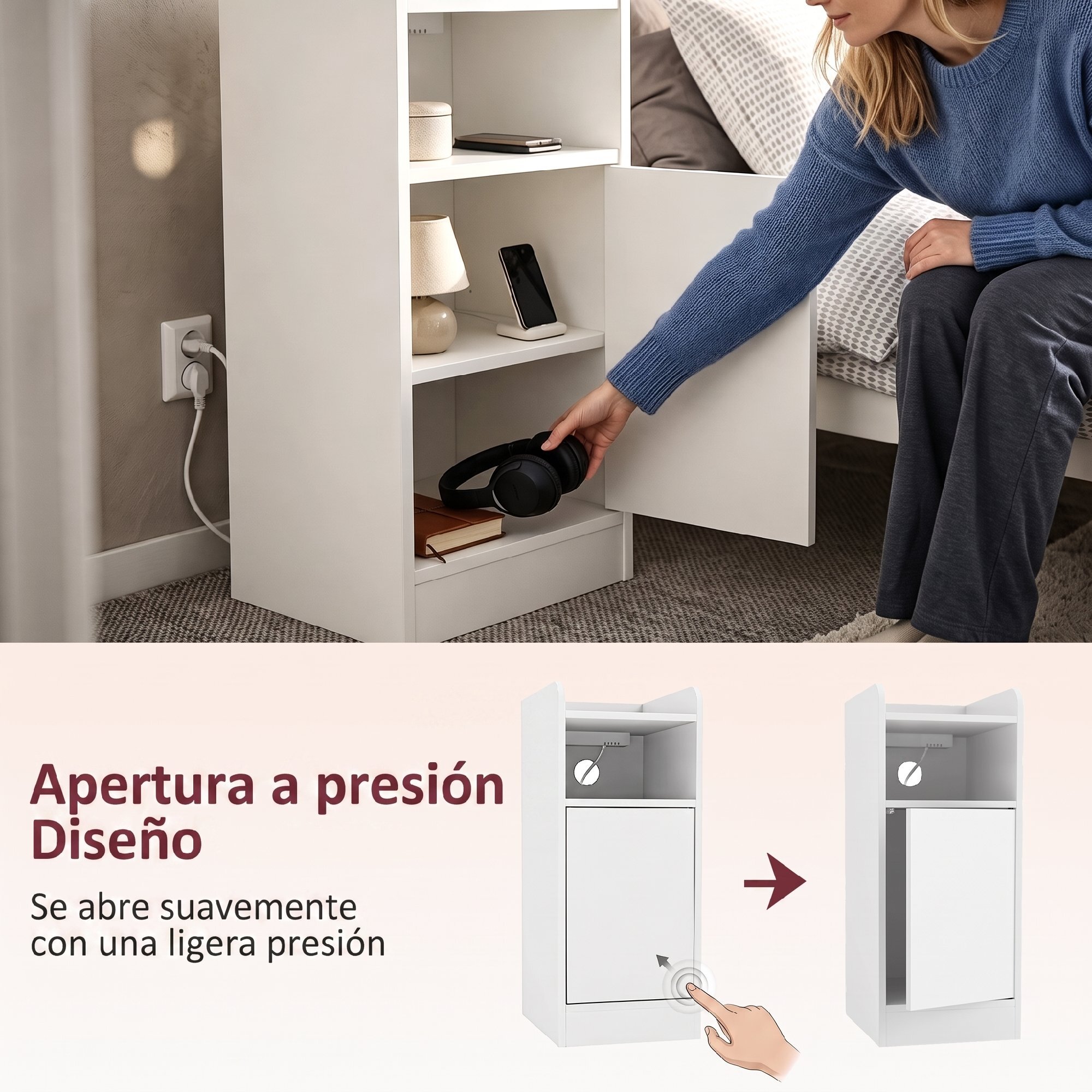 Mesitas de Noche Estrechas, Juego de 2, con Estación de Carga, Mesillas de Noche Dormitorio con Puerta, Compartimento Abierto, Estante Ajustable, Mesa Auxiliar para Espacios Reducidos, Blanco