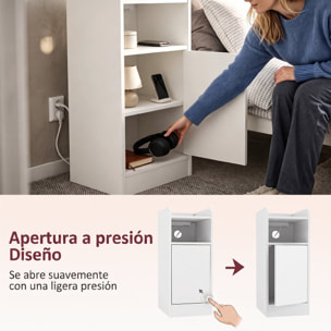 Mesitas de Noche Estrechas, Juego de 2, con Estación de Carga, Mesillas de Noche Dormitorio con Puerta, Compartimento Abierto, Estante Ajustable, Mesa Auxiliar para Espacios Reducidos, Blanco