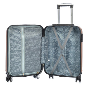 Valigia da cabina Trolley in materiale leggero in ABS ad alta resistenza. Chiusura numerica, 4 ruote doppie estraibili e girevoli a 360°. 57x38x20 cm.