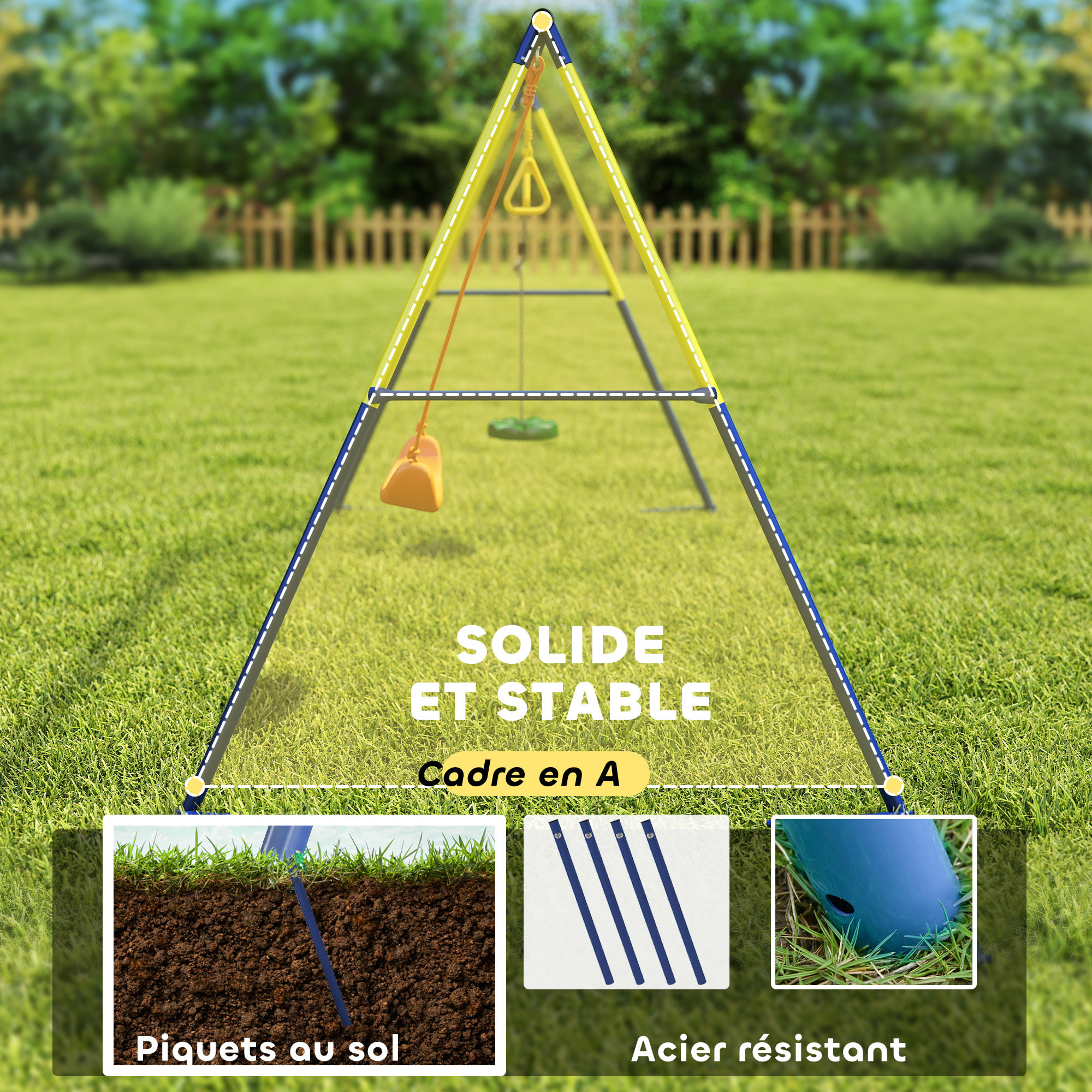 Balançoire 3 agrès - balançoire disque, balançoire une place, anneaux - acier jaune bleu