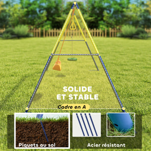 Balançoire 3 agrès - balançoire disque, balançoire une place, anneaux - acier jaune bleu